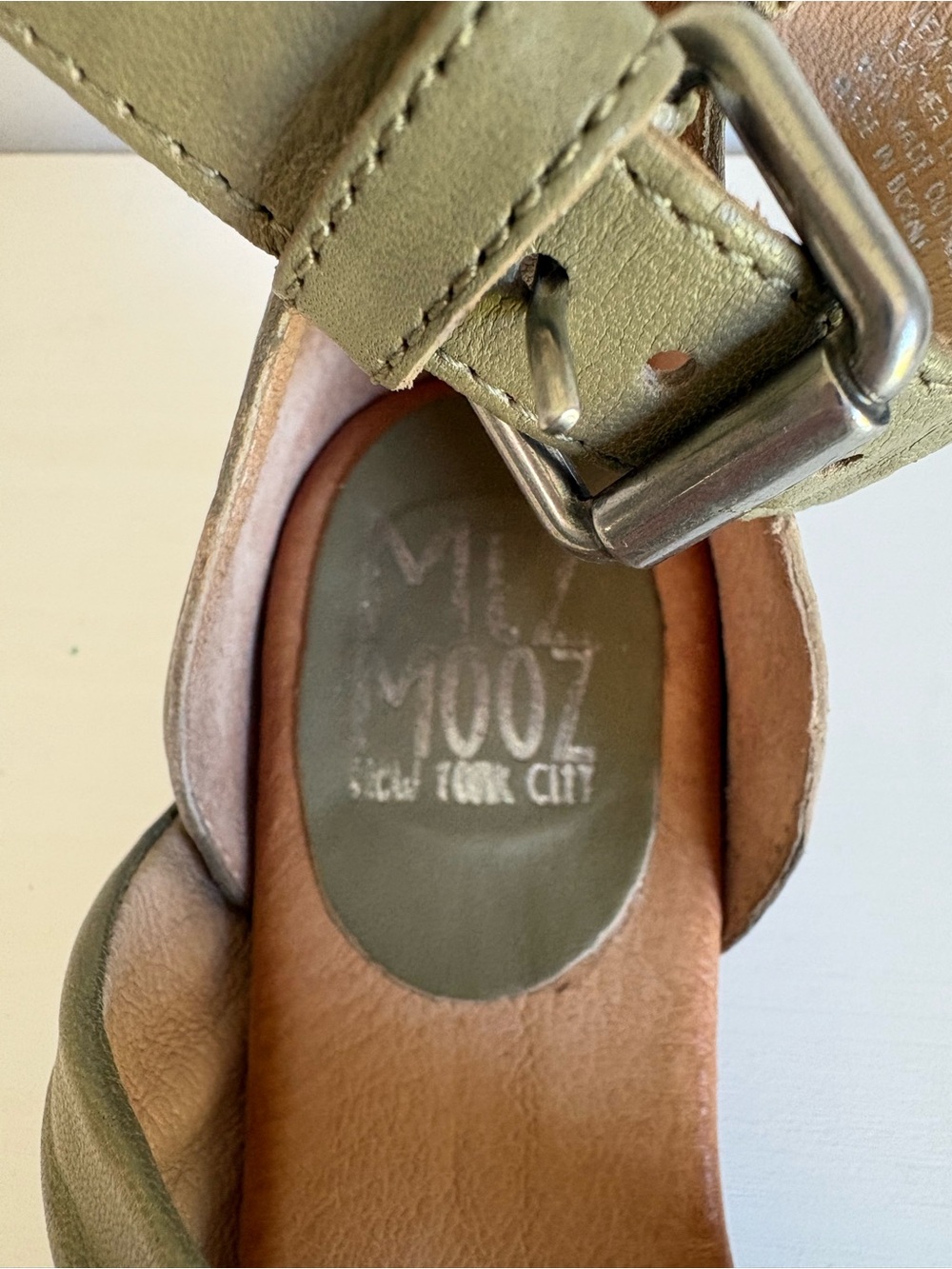 Miz Mooz Cassie Sage Green Leather Ruched Ankle Strap Block Heel Sandal Size 38 - Picture 8 of 14